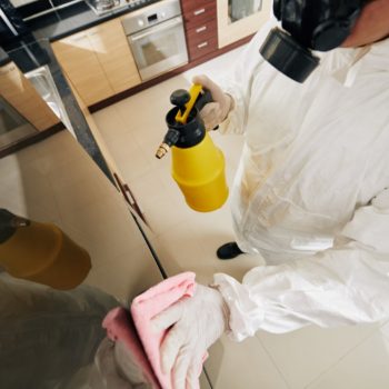 Specialist in hazmat suit cleaning and disinfecting house of client due to coronavirus outbreak